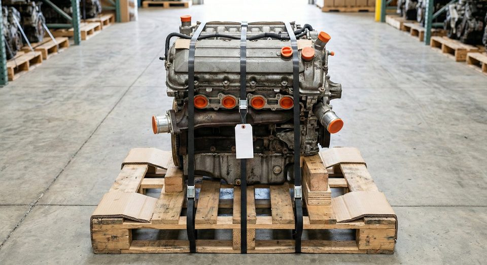 Used OEM long block engine on pallet